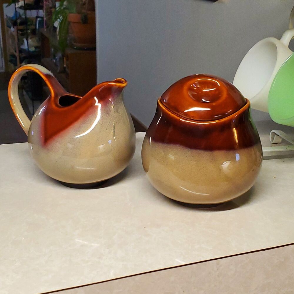 Sango Nova Brown Sugar with Lid & Creamer Glazed Stoneware Pottery